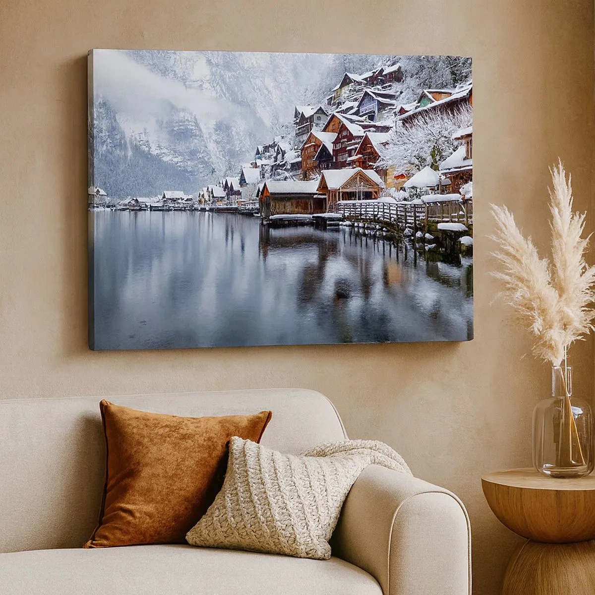 Schilderen op canvas - Wintergezicht van een bergdorp aan het meer - 70x50cm - In winterdecoratie - Moderne wanddecoratie voor woonkamer en slaapkamer ARTTOR