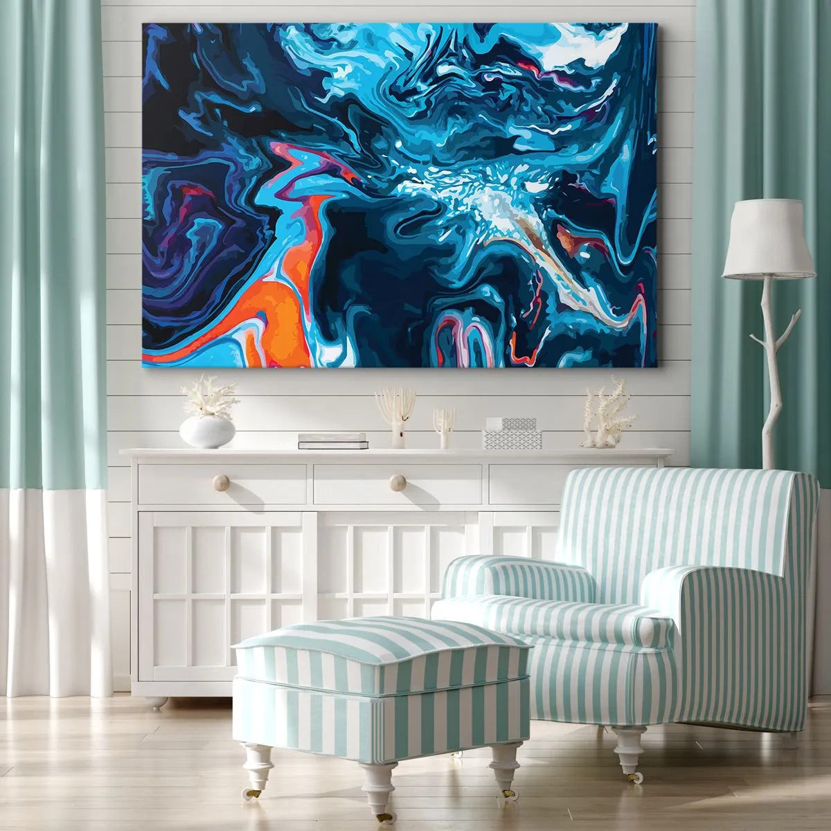 Schilderen op canvas - Een abstract patroon in blauwtinten met oranje accenten. - 70x50cm - Reis naar het centrum van de hemel - Moderne wanddecoratie voor woonkamer en slaapkamer ARTTOR