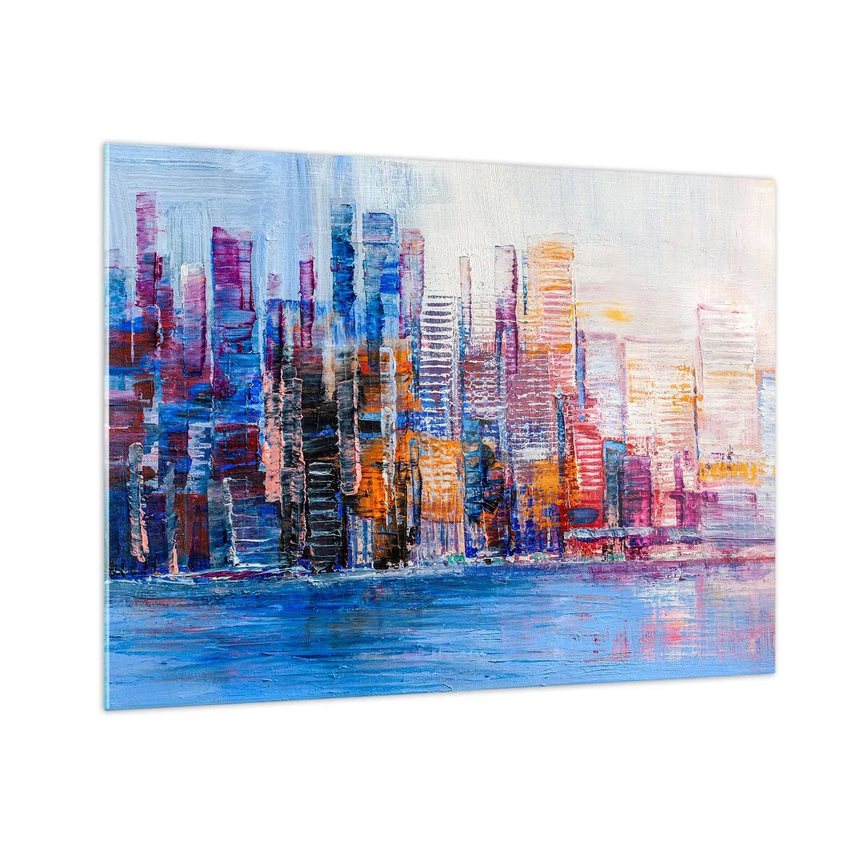 Schilderen op glas - Een kleurrijk panorama van de stad geschilderd met penseelstreken - 70x50cm - Een vrolijke metropool - Moderne wanddecoratie voor woonkamer en slaapkamer ARTTOR