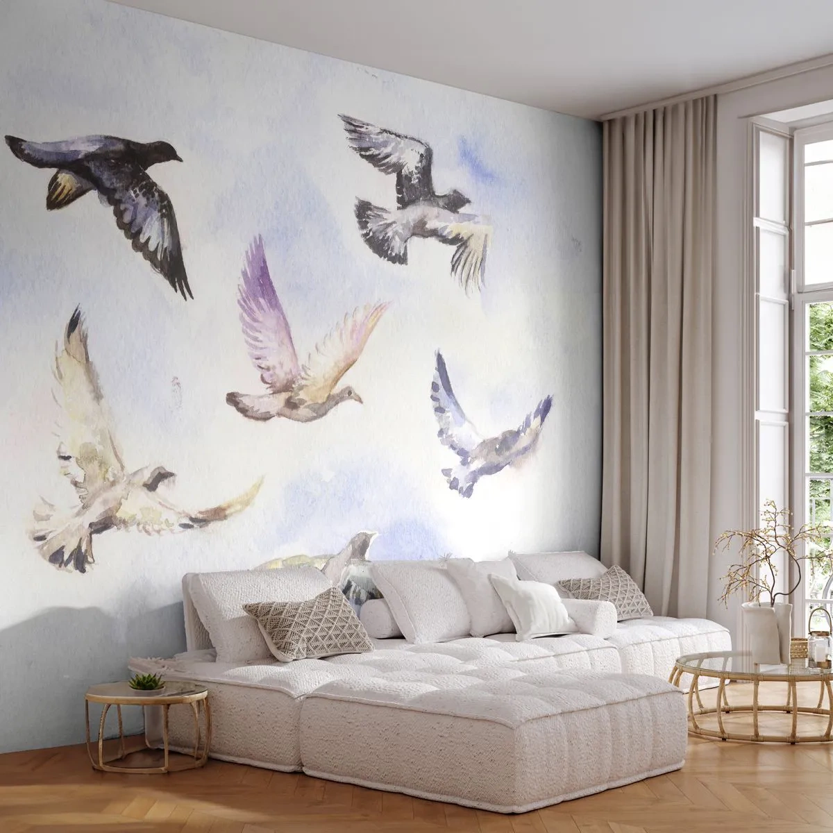 Fotobehang Premium Sand - Vrijheid in grijs en blauw - Vogels, Grafisch, Deel - 300x210 cm