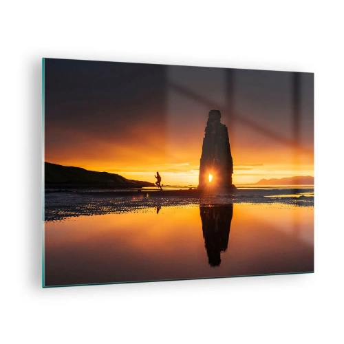 Schilderen op glas - Zonsondergang met een menselijk silhouet en een rotsformatie - 70x50cm - Alleen jij en de natuur - Moderne wanddecoratie voor woonkamer en slaapkamer ARTTOR
