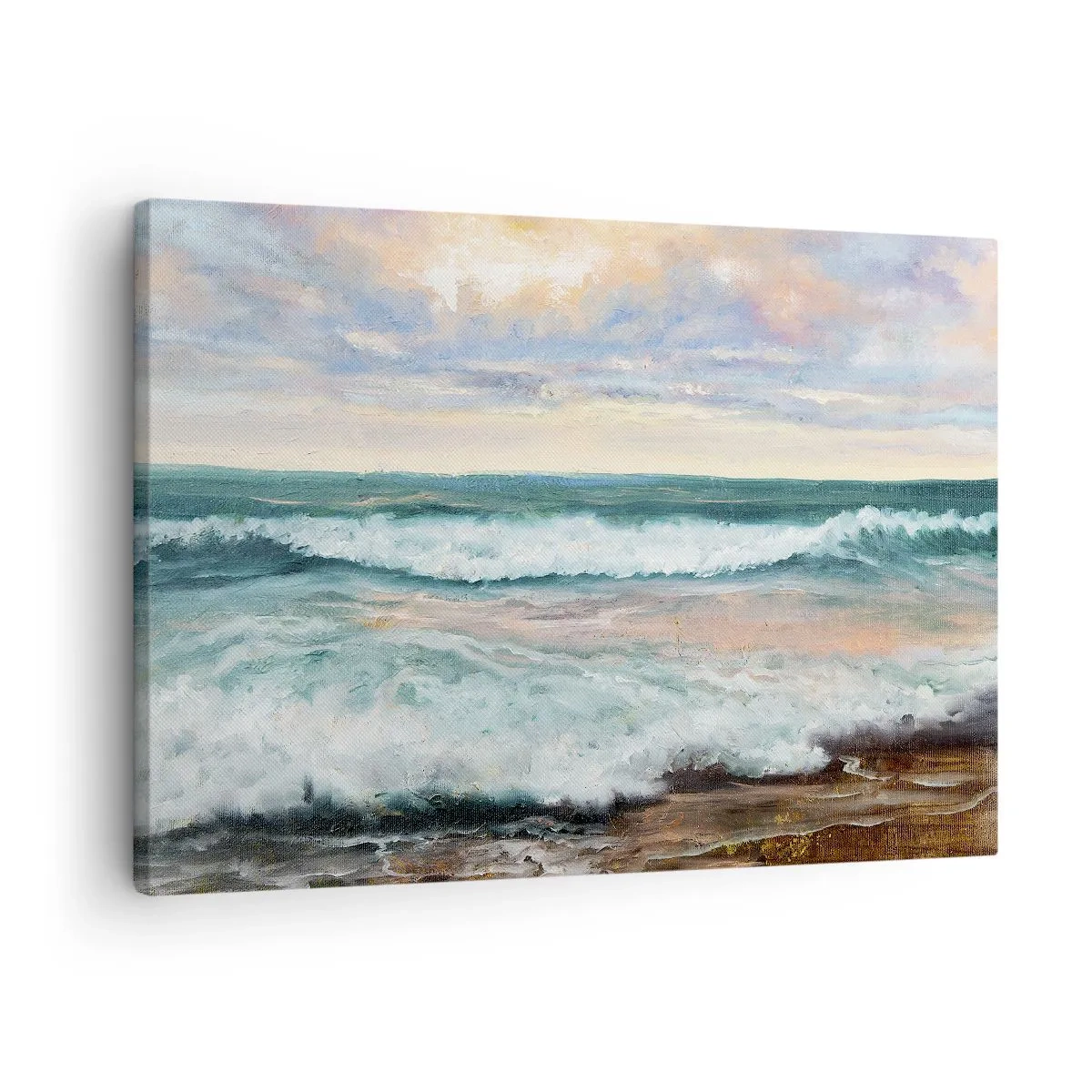 Schilderen op canvas - Zeegolven tegen een bewolkte lucht bij zonsondergang - 70x50cm - Hier maak je je ziel glad - Moderne wanddecoratie voor woonkamer en slaapkamer ARTTOR