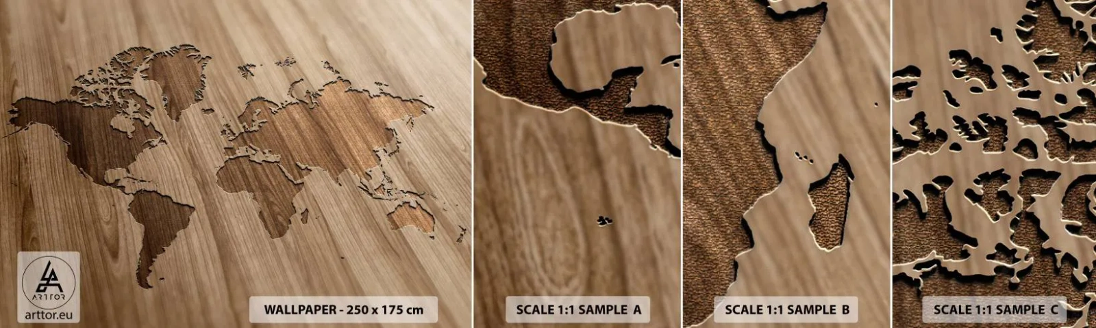 Fotobehang Monster Zelfklevend Deluxe Sticker - De wereld ligt op tafel - Wereldkaart, Hout, Continenten - 100x30 cm