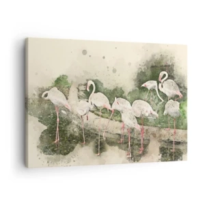 Schilderen op canvas - Flamingo's in hun natuurlijke omgeving in aquarelstijl - 70x50cm - Exotische droom - Moderne wanddecoratie voor woonkamer en slaapkamer ARTTOR