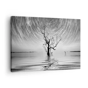 Schilderen op canvas - Een boom in het water onder een nachtelijke hemel met bewegende sterren - 70x50cm - Een symfonie van de natuur - Moderne wanddecoratie voor woonkamer en slaapkamer ARTTOR