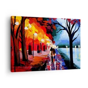 Schilderen op canvas - Een herfstwandeling langs het pad met uitzicht op het water - 70x50cm - Brandende herfst in het park - Moderne wanddecoratie voor woonkamer en slaapkamer ARTTOR