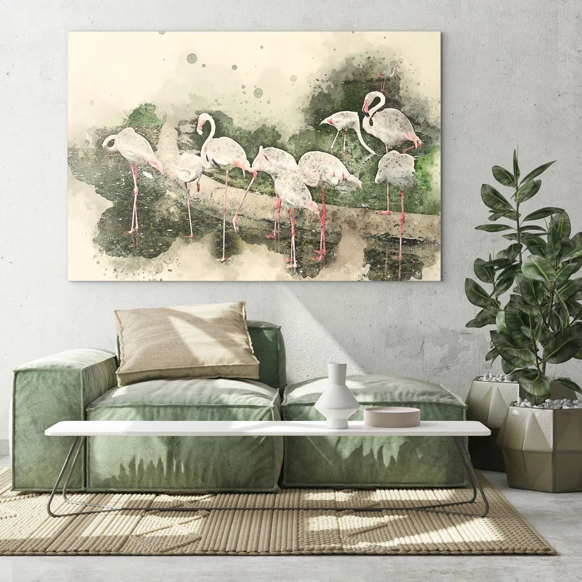 Schilderen op glas - Flamingo's tegen de achtergrond van een aquarelcompositie - 70x50cm - Exotische droom - Moderne wanddecoratie voor woonkamer en slaapkamer ARTTOR
