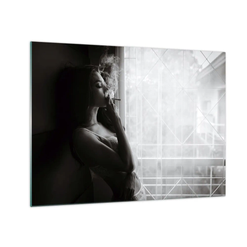 Schilderen op glas - Vrouw die bij het raam rookt in zwart-wit - 70x50cm - Een sensueel moment - Moderne wanddecoratie voor woonkamer en slaapkamer ARTTOR