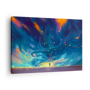 Schilderen op canvas - Een figuur met ballonnen tegen een achtergrond van wervelende, kleurrijke wolken - 70x50cm - Naar de blauwe wind - Moderne wanddecoratie voor woonkamer en slaapkamer ARTTOR