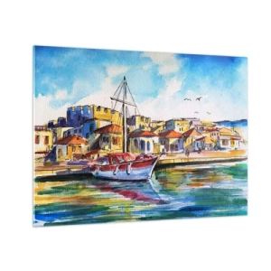 Schilderen op glas - Een kleurrijke jachthaven met een zeilboot en mediterrane architectuur - 70x50cm - Regenboogmiddag - Moderne wanddecoratie voor woonkamer en slaapkamer ARTTOR
