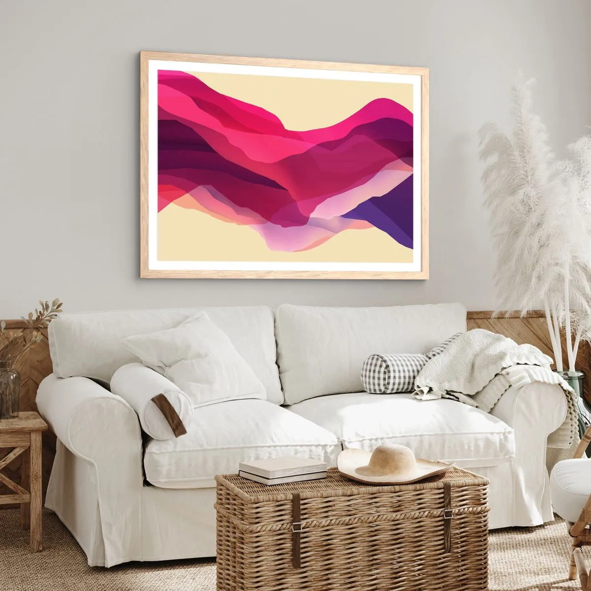 Een poster in een licht eiken lijst - Paarse golven - 91x61 cm