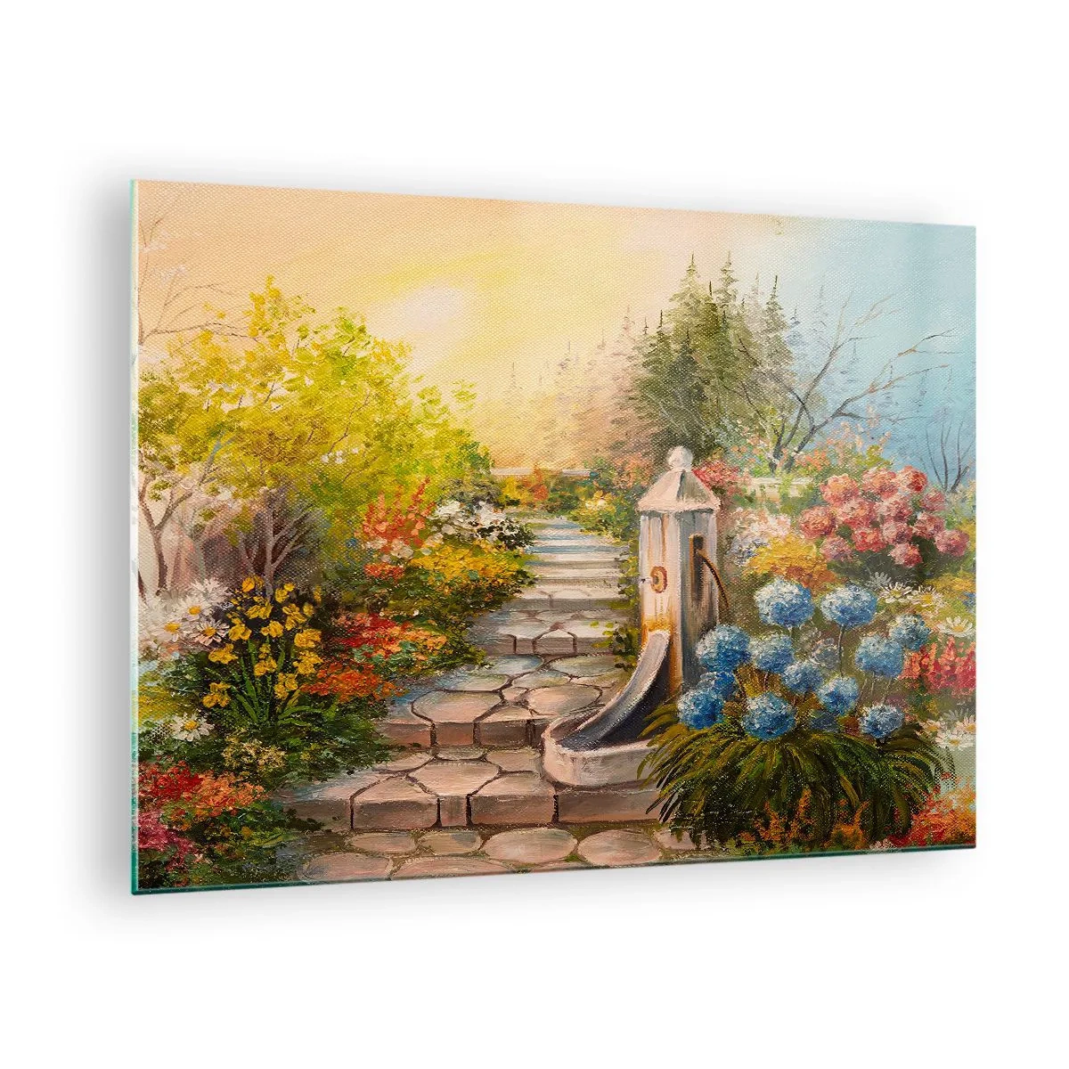 Schilderen op glas - Een bloementuin met een fontein in volle bloei - 70x50cm - In volle bloei - Moderne wanddecoratie voor woonkamer en slaapkamer ARTTOR