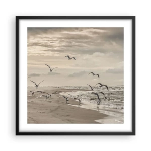 Poster in een zwarte lijst - Het geluid van de zee, het zingen van vogels - 50x50 cm