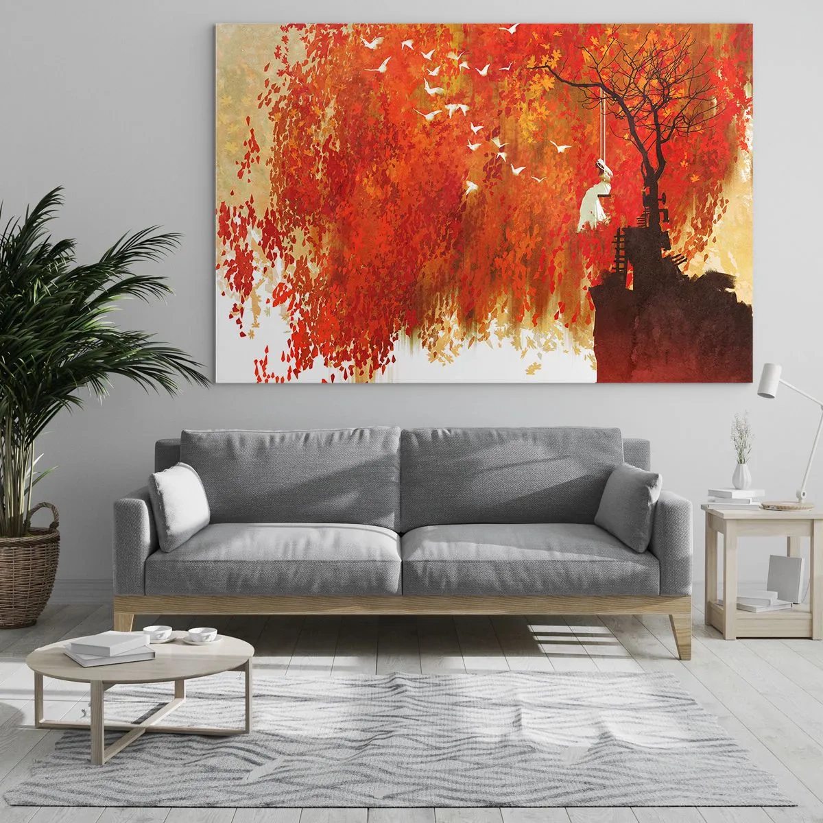 Schilderen op glas - Rode bladeren, een eenzame boom en vogels in een herfsttafereel - 70x50cm - Zal hij met hen vliegen? - Moderne wanddecoratie voor woonkamer en slaapkamer ARTTOR