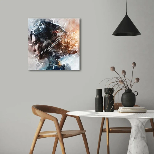 Wandklok - Klok - Een verhaal over een meisje met een stad op de achtergrond - 30x30 cm