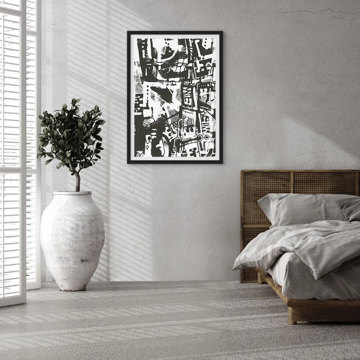 Poster in een zwarte lijst - Zwart-wit abstracte afbeelding met geometrische vormen - 50x70cm - Orde of chaos? - Moderne wanddecoratie voor woonkamer en slaapkamer ARTTOR
