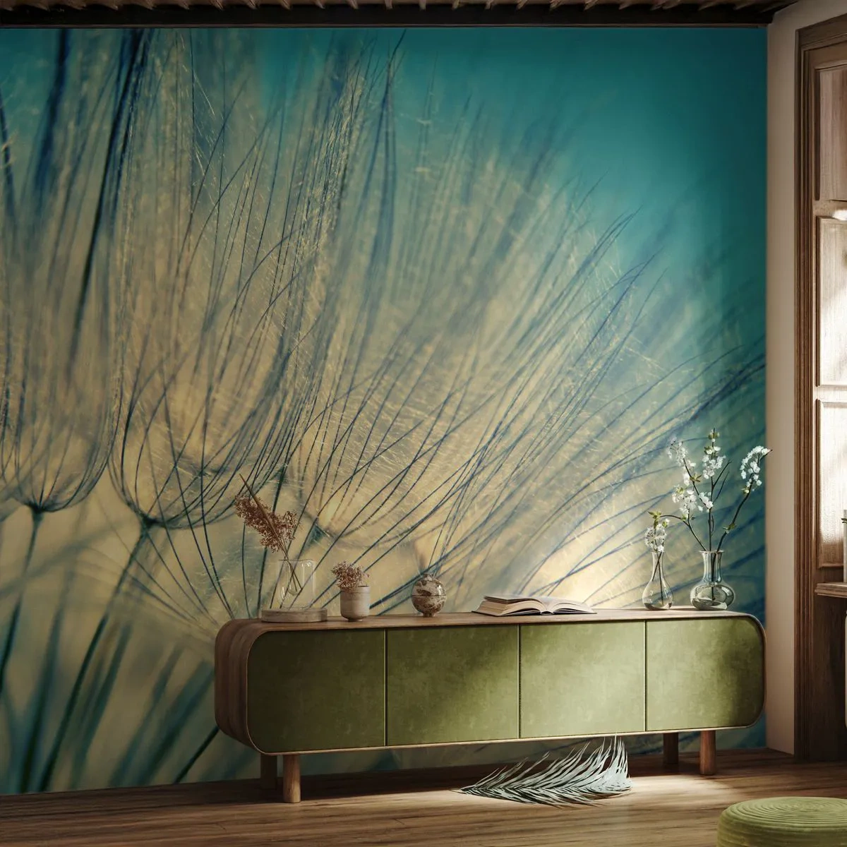 Fotobehang Premium Sand - In afwachting van de wind - Paardebloem, Wei, Natuur - 100x70 cm