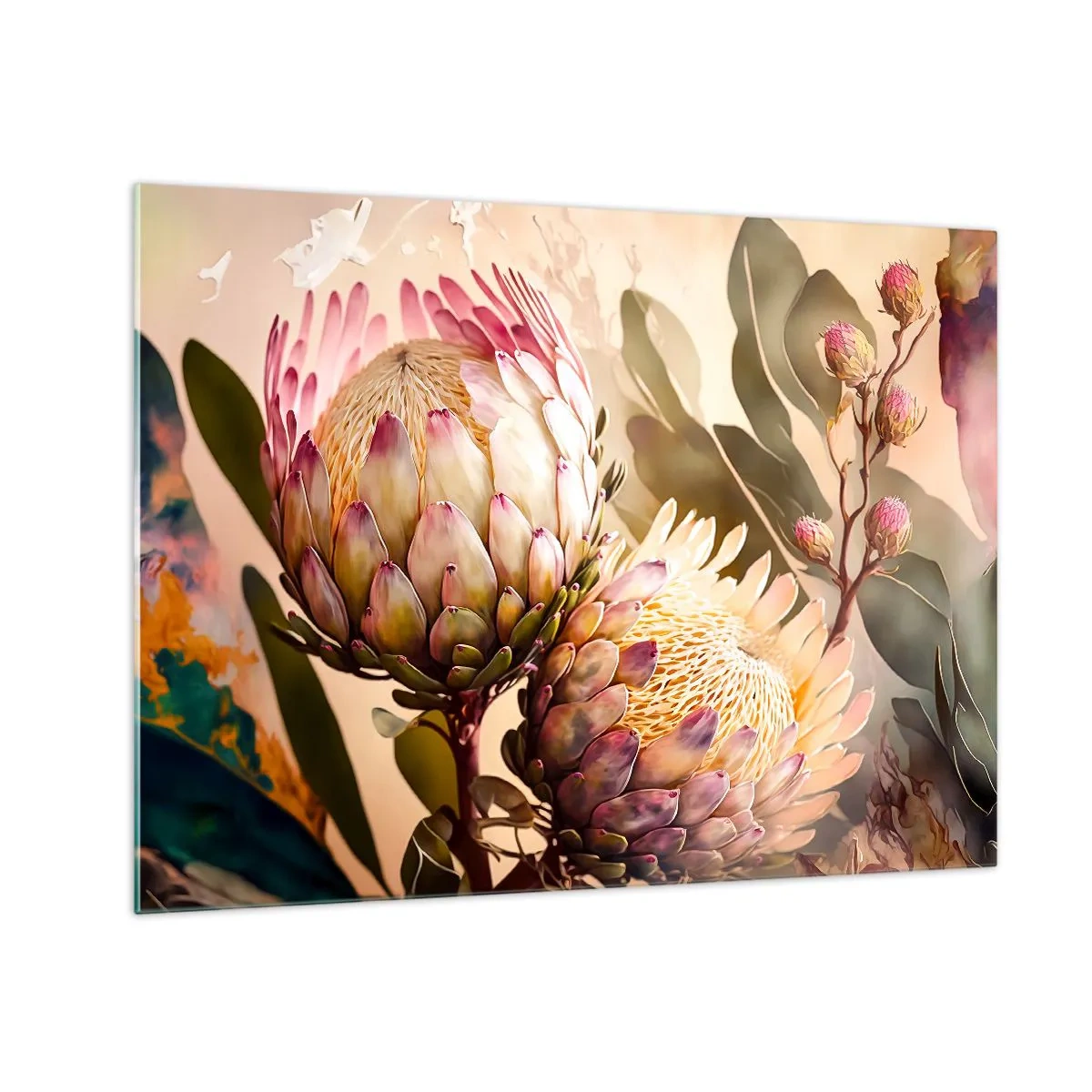 Schilderen op glas - Protea bloemen in warme tinten en zacht licht - 70x50cm - Teeder omarmd - Moderne wanddecoratie voor woonkamer en slaapkamer ARTTOR