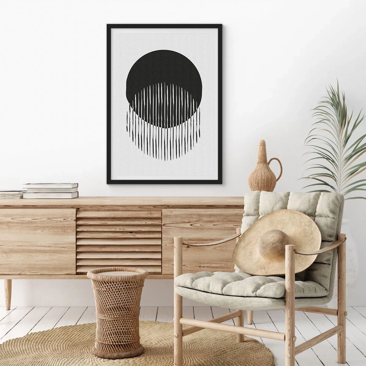 Poster in een zwarte lijst - Abstracte compositie van een zwarte cirkel en verticale lijnen - 50x70cm - Zijn alter ego - Moderne wanddecoratie voor woonkamer en slaapkamer ARTTOR