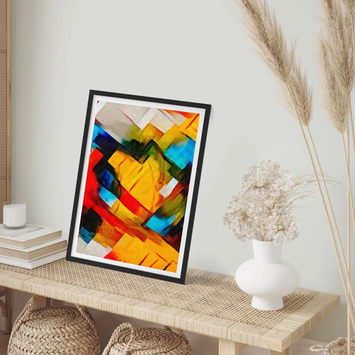 Poster in een zwarte lijst - Abstracte geometrische vormen in intense kleuren - 50x70cm - Een veelkleurig lagen koekje - Moderne wanddecoratie voor woonkamer en slaapkamer ARTTOR