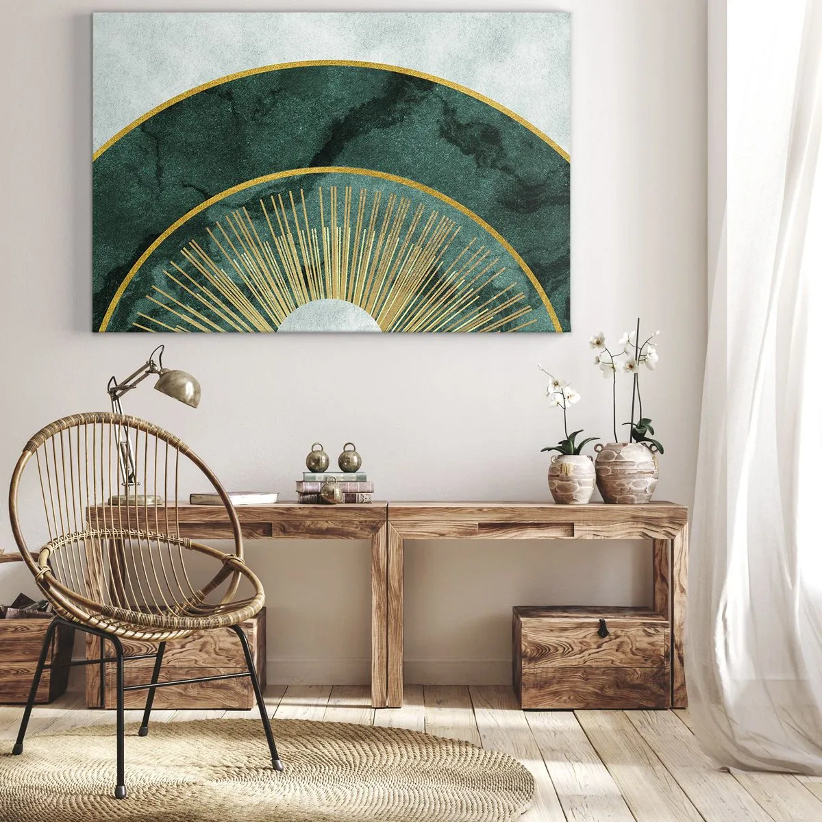 Schilderen op canvas - Abstract patroon met cirkels in de kleuren smaragdgroen en goud. - 70x50cm - Een ander zonnestelsel - Moderne wanddecoratie voor woonkamer en slaapkamer ARTTOR