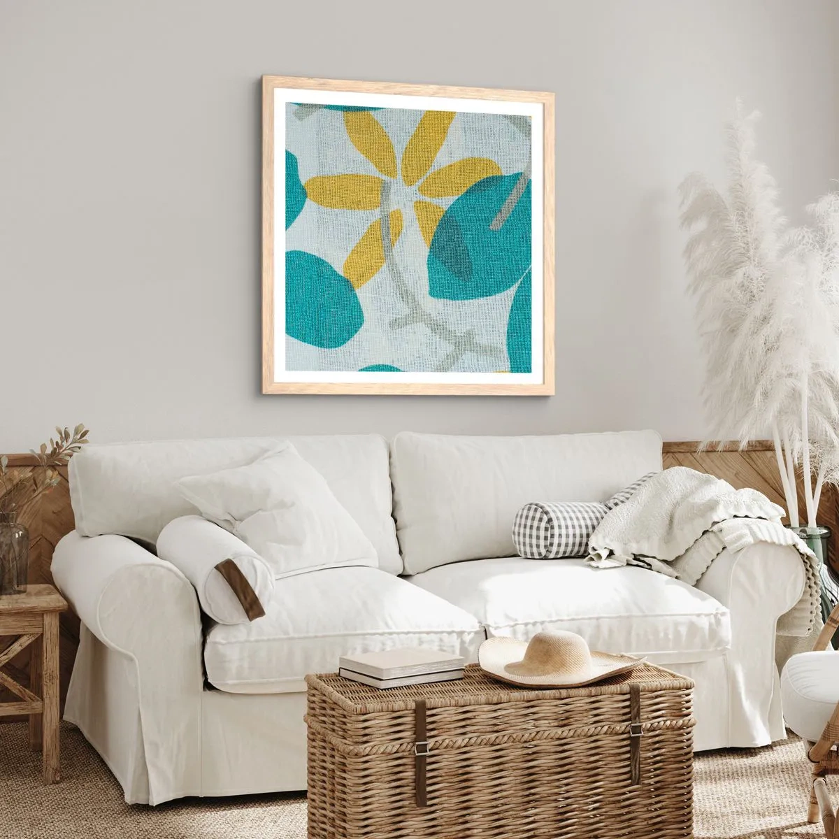 Een poster in een licht eiken lijst - Tussen de azuurblauwe bladeren - 60x60 cm