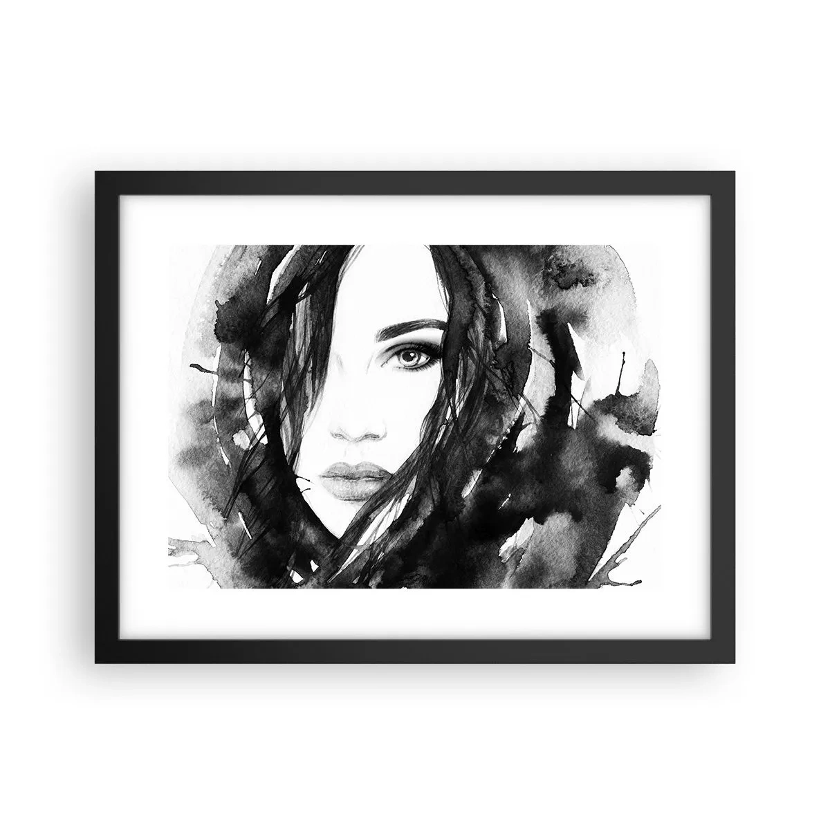 Poster in een zwarte lijst - Portret van een dame in zwart en wit - 40x30 cm