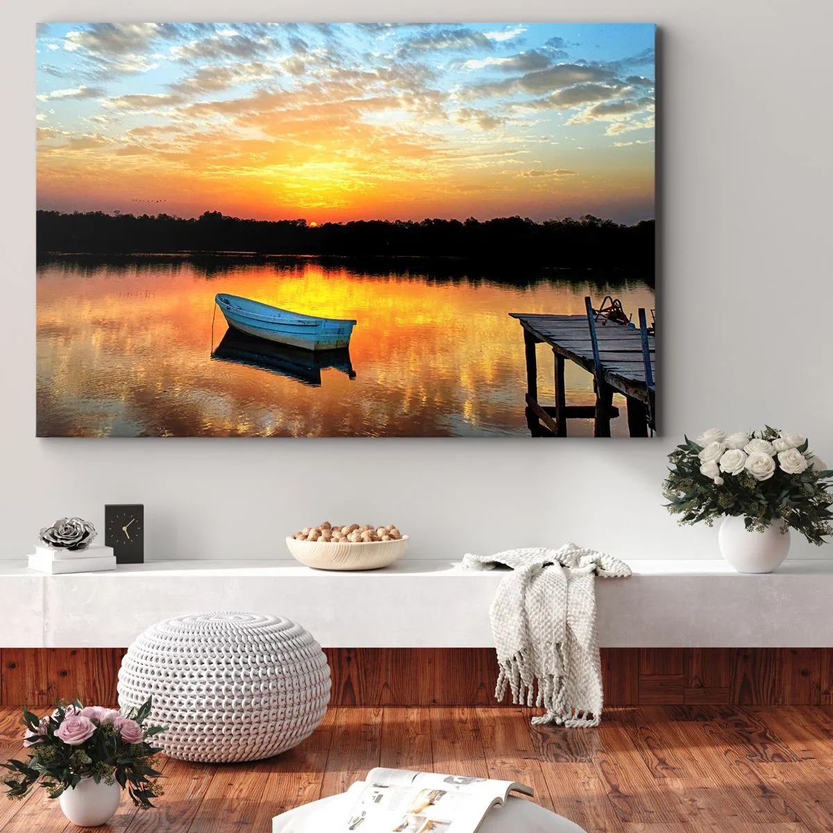 Schilderen op canvas - Een boot op een kalm meer tijdens zonsondergang - 70x50cm - Kijk, luister, mediteer - Moderne wanddecoratie voor woonkamer en slaapkamer ARTTOR