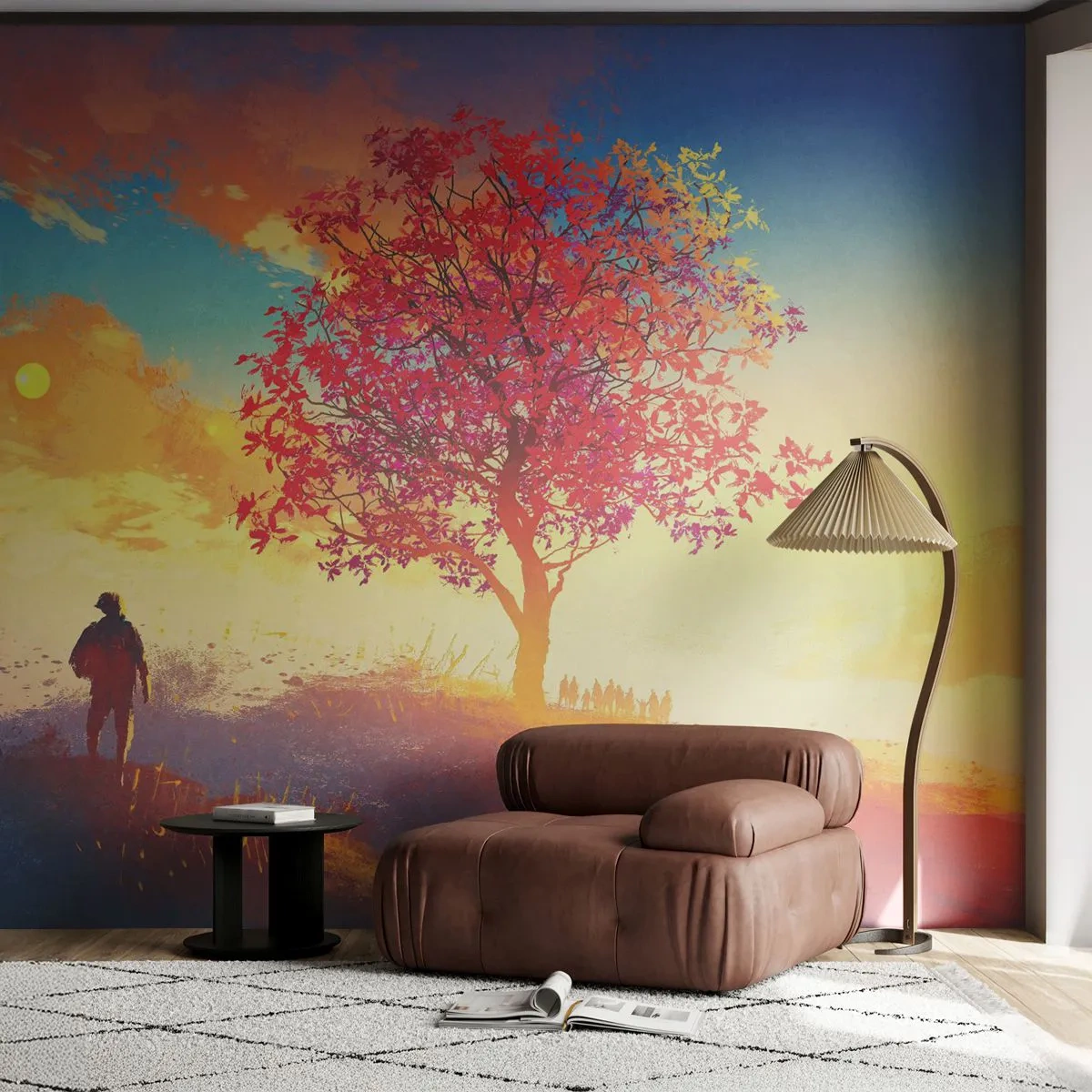 Fotobehang Premium Sand - Pelgrim bij de bestemming - Landschap, Boom, Zwerver - 100x70 cm