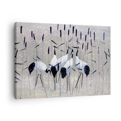 Schilderen op canvas - Reigers in het gras tegen een vredige achtergrond - 70x50cm - Onder hun eigen - Moderne wanddecoratie voor woonkamer en slaapkamer ARTTOR