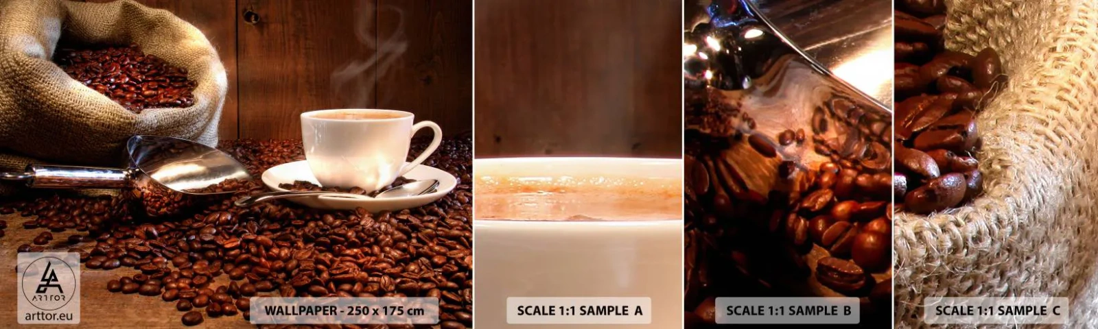 Fotobehang Staaltje Standard Eco - Voel je die geur? - Koffiebonen, Aroma, Gastronomie - 100x30 cm