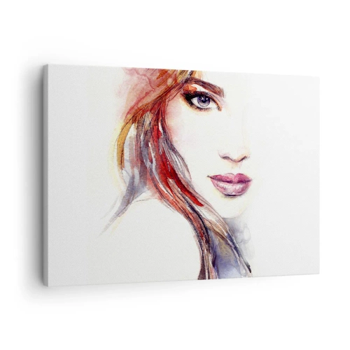 Schilderen op canvas - Een subtiele aquarel van een vrouwengezicht met een expressieve blik. - 70x50cm - Vademecum - volg mij - Moderne wanddecoratie voor woonkamer en slaapkamer ARTTOR