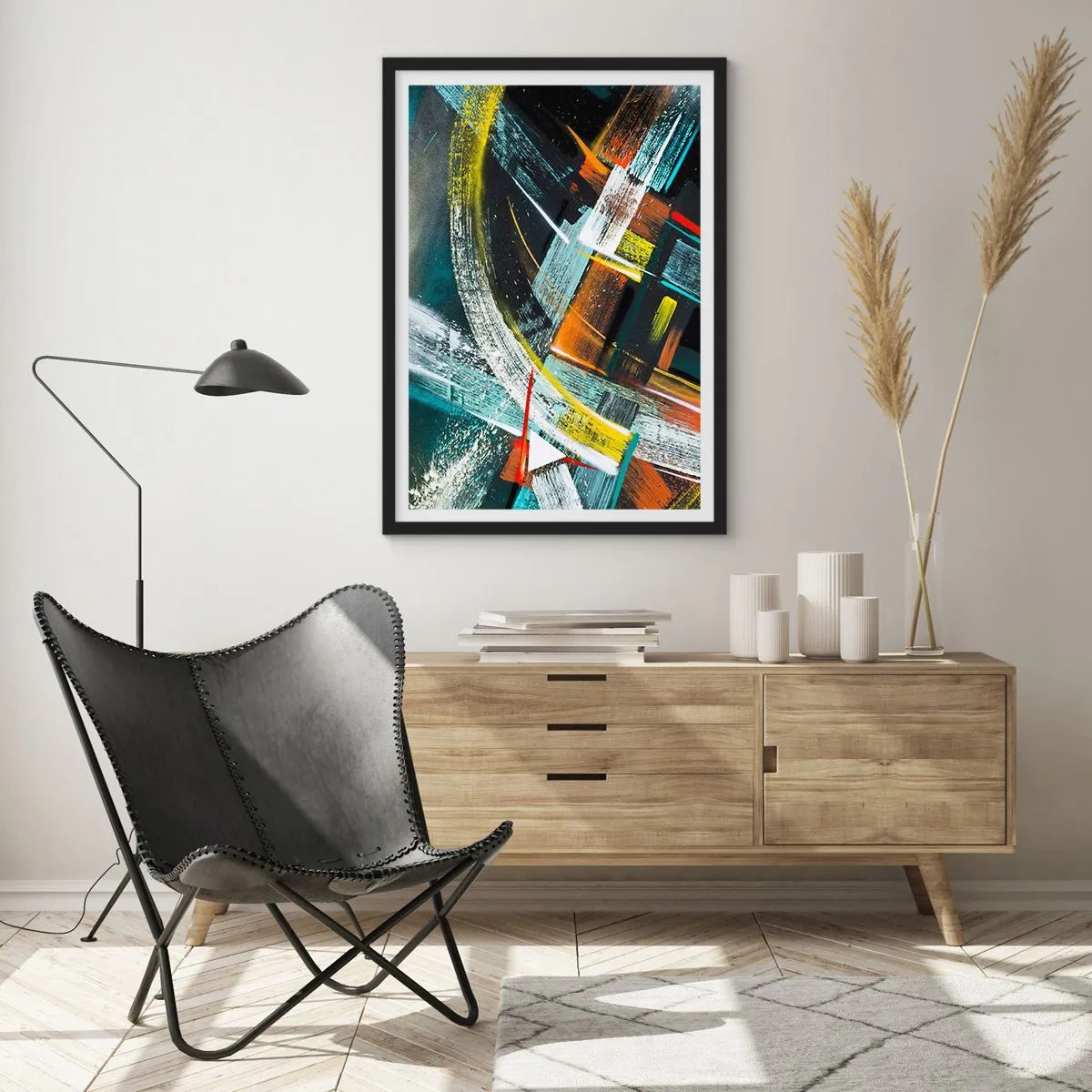 Poster in een zwarte lijst - Abstractie in intense kleuren met geometrische vormen - 50x70cm - De energie van beweging - Moderne wanddecoratie voor woonkamer en slaapkamer ARTTOR