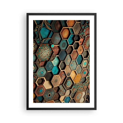 Poster in een zwarte lijst - Een geometrische compositie van zeshoeken in een goud- en turquoisepalet. - 50x70cm - Arabische ornamenten – variatie - Moderne wanddecoratie voor woonkamer en slaapkamer ARTTOR