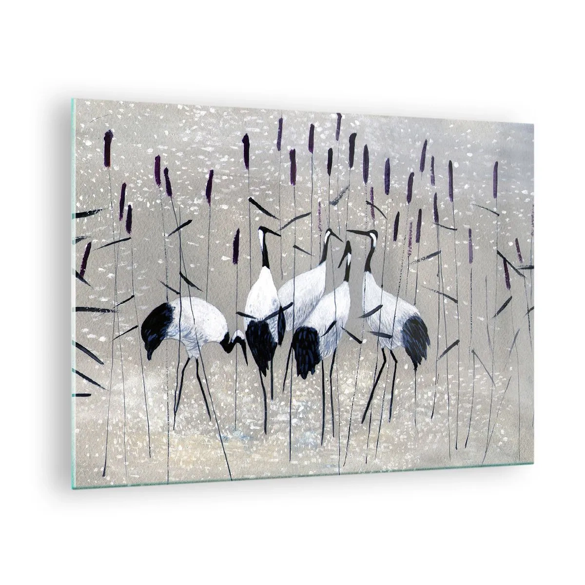 Schilderen op glas - Vier kraanvogels tussen het riet bij het meer - 70x50cm - Onder hun eigen - Moderne wanddecoratie voor woonkamer en slaapkamer ARTTOR