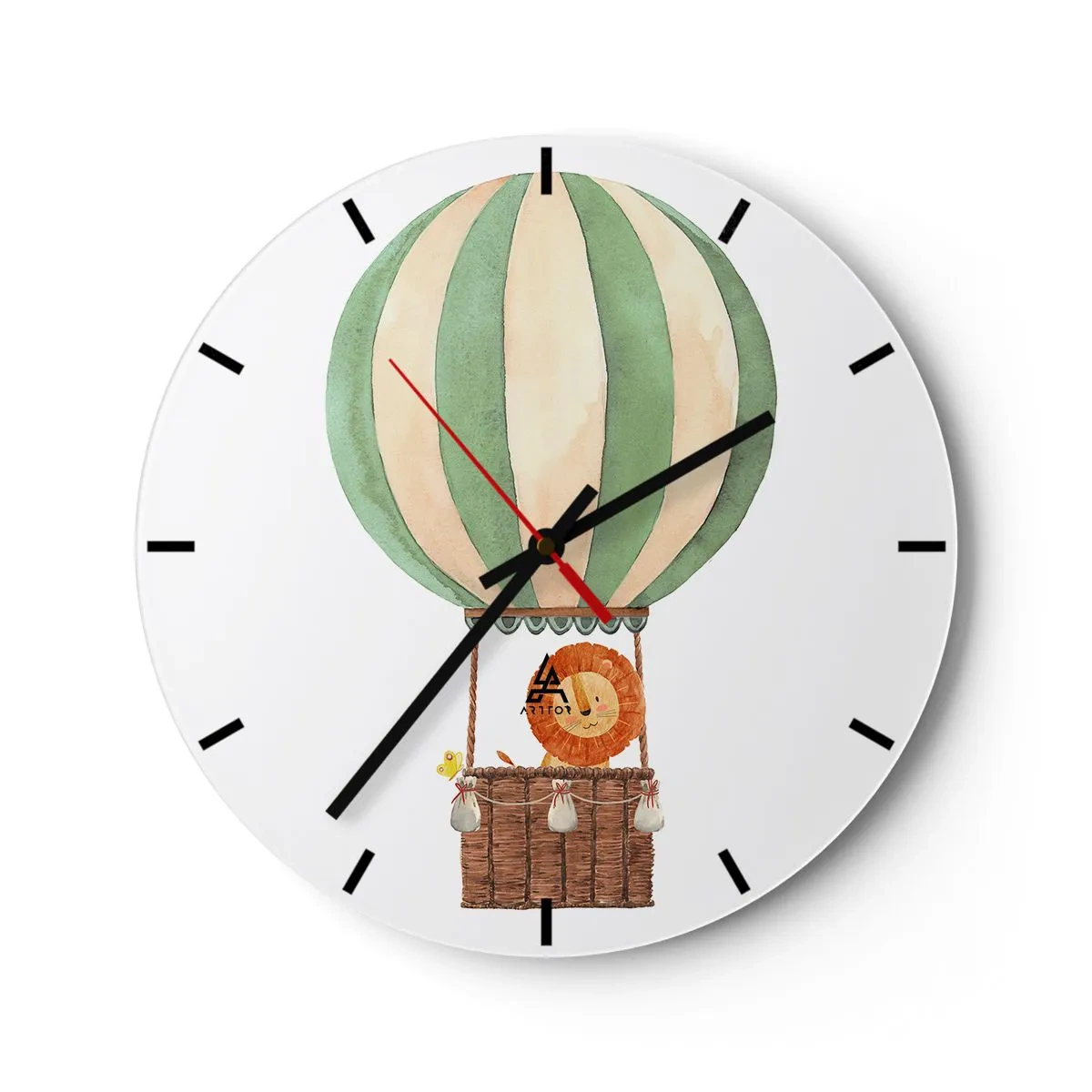 Wandklok - Klok - Een leeuw en een eend in een ballon op een witte achtergrond - 30x30cm - Leons reizen - Moderne wanddecoratie voor woonkamer, keuken en slaapkamer ARTTOR
