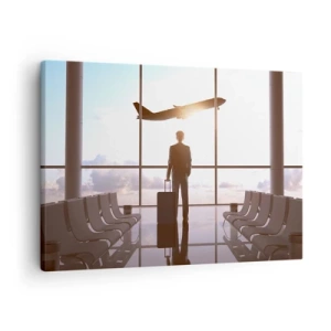Schilderen op canvas - Zakenman op de luchthaven met een vliegtuig op de achtergrond - 70x50cm - Je hebt tijd, doe het rustig aan - Moderne wanddecoratie voor woonkamer en slaapkamer ARTTOR