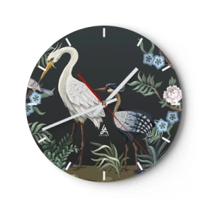 Wandklok - Klok - Decoratieve vogels tussen planten op een donkere achtergrond - 30x30cm - Vogelparade - Moderne wanddecoratie voor woonkamer, keuken en slaapkamer ARTTOR