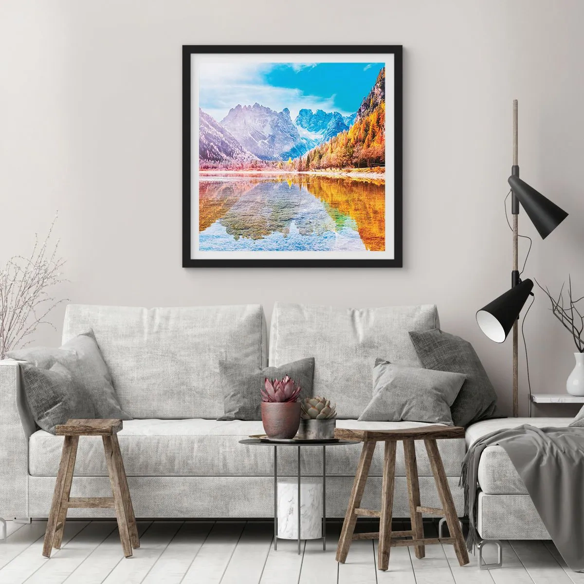 Poster in een zwarte lijst - En het is al herfst in de bergen - 50x50 cm