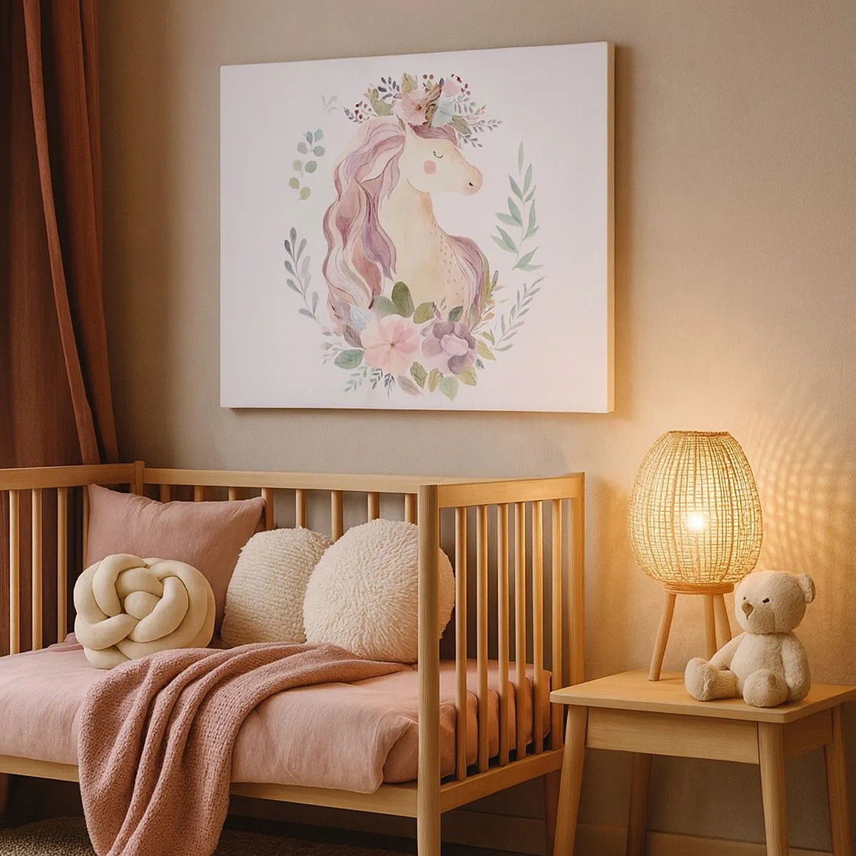 Schilderen op canvas - Een eenhoorn in pastelkleuren omringd door bloemen - 70x50cm - Een uitnodiging in de wereld van sprookjes - Moderne wanddecoratie voor woonkamer en slaapkamer ARTTOR