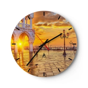 Wandklok - Klok - Het plein bij zonsopgang met lantaarns en architectonische zuilen - 30x30cm - Waar is iedereen? - Moderne wanddecoratie voor woonkamer, keuken en slaapkamer ARTTOR