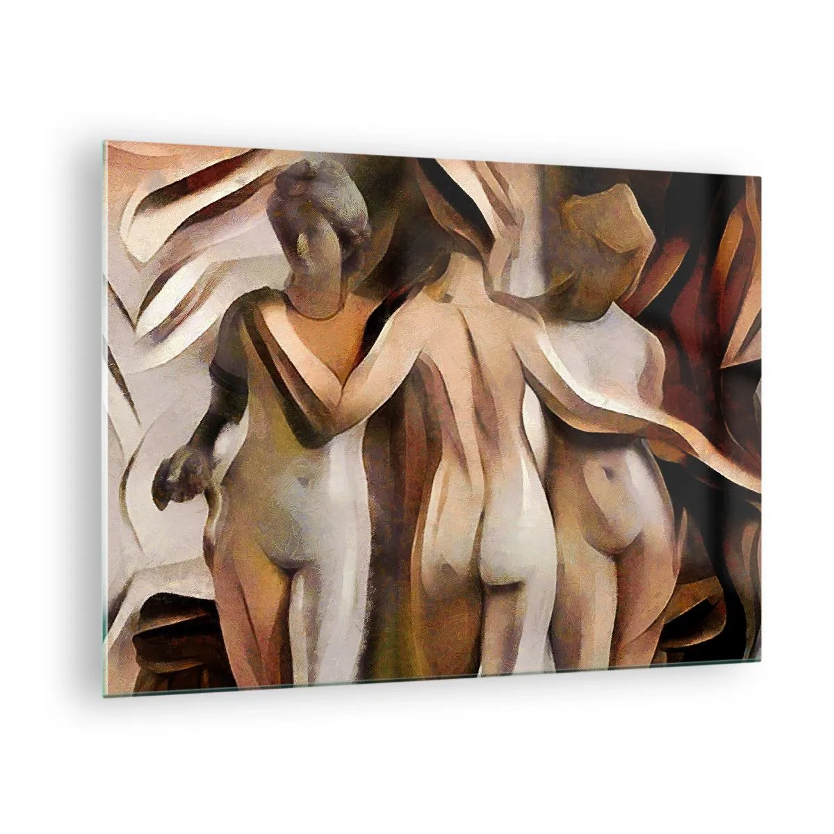 Schilderen op glas - Abstracte compositie met drie figuren - 70x50cm - Drie Gratiën 2.0 - Moderne wanddecoratie voor woonkamer en slaapkamer ARTTOR