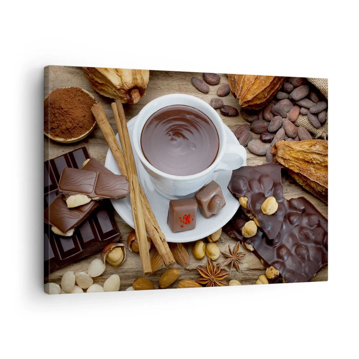 Schilderen op canvas - Een kop warme chocolademelk omringd door dessert ingrediënten - 70x50cm - Uit een sprookjesachtige chocoladefabriek - Moderne wanddecoratie voor woonkamer en slaapkamer ARTTOR
