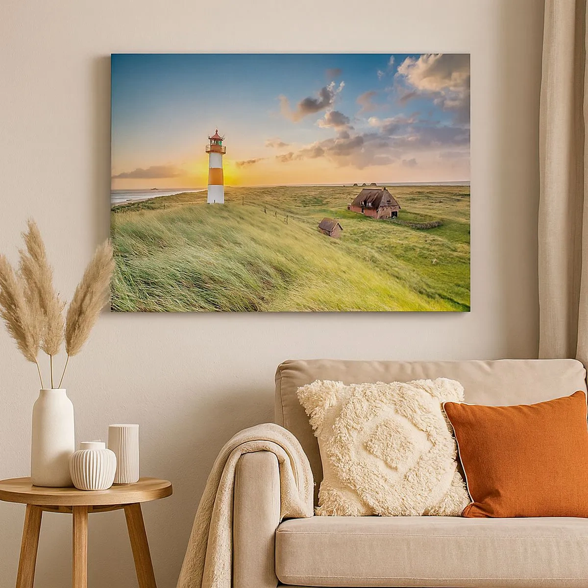 Schilderen op canvas - Een vuurtoren met weilanden en huizen in de zon op de achtergrond - 70x50cm - Tussen de golven - Moderne wanddecoratie voor woonkamer en slaapkamer ARTTOR