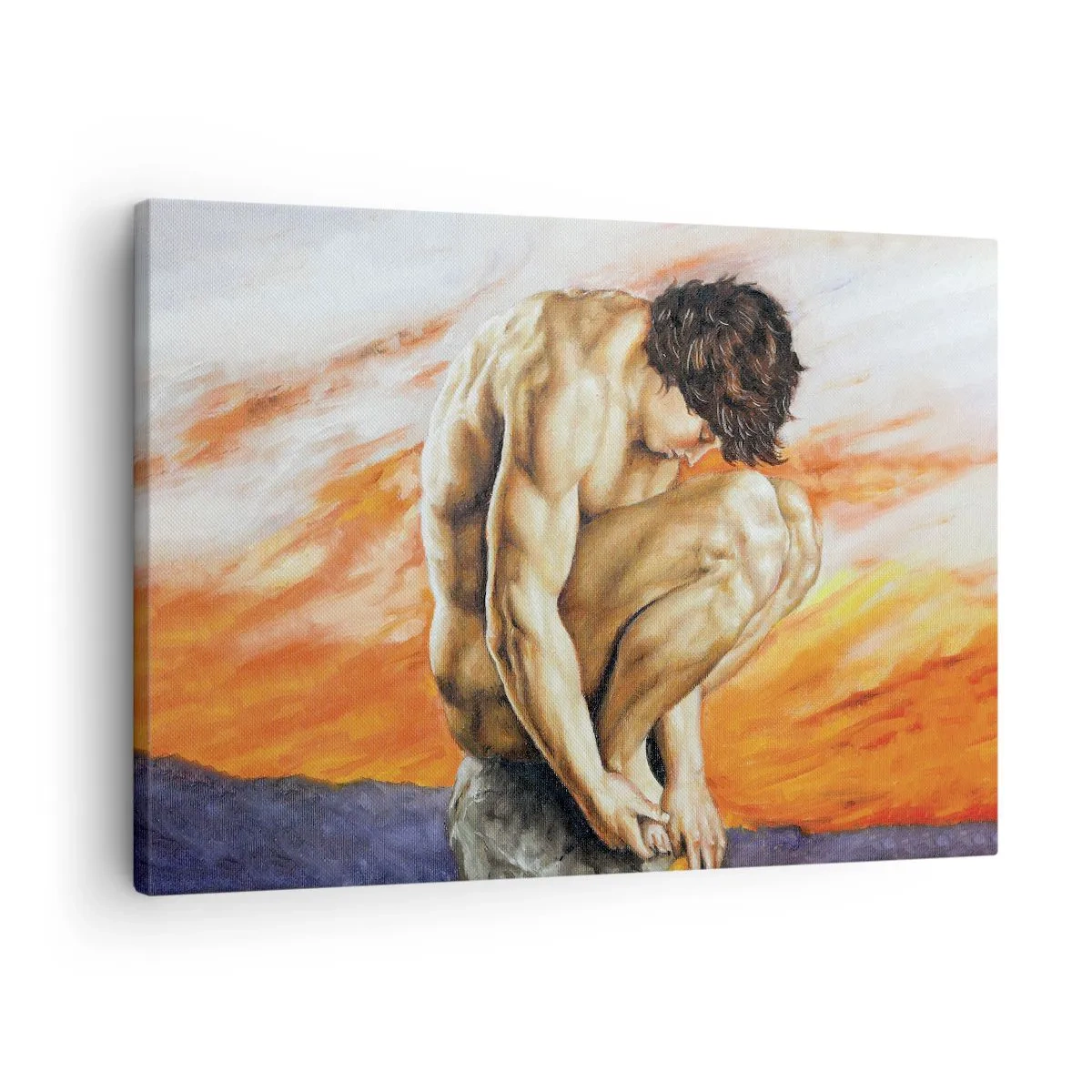 Schilderen op canvas - Een man die in gedachten verzonken is tegen de achtergrond van een zonsondergang - 70x50cm - Ondergedompeld in zichzelf - Moderne wanddecoratie voor woonkamer en slaapkamer ARTTOR