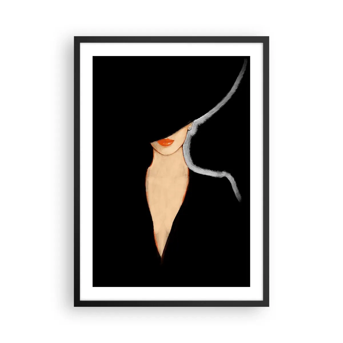 Poster in een zwarte lijst - Een vrouw met een hoed en rode lippen op een zwarte achtergrond - 50x70cm - Elegantie en stijl - Moderne wanddecoratie voor woonkamer en slaapkamer ARTTOR
