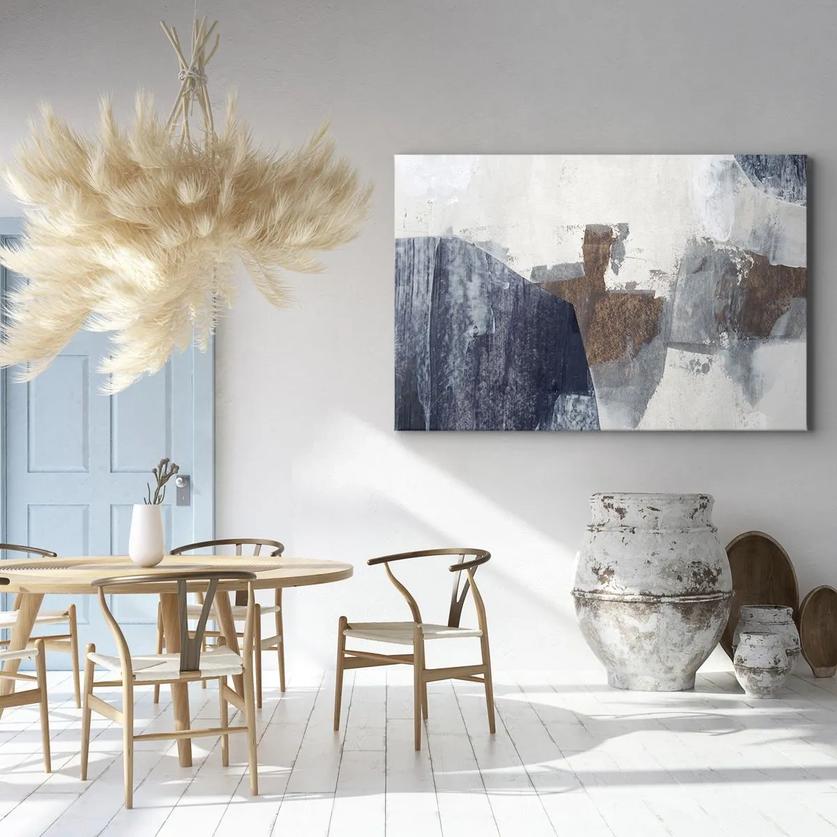 Schilderen op canvas - Abstracte vormen in tinten blauw en bruin - 70x50cm - Blauwe en bruine vormen - Moderne wanddecoratie voor woonkamer en slaapkamer ARTTOR