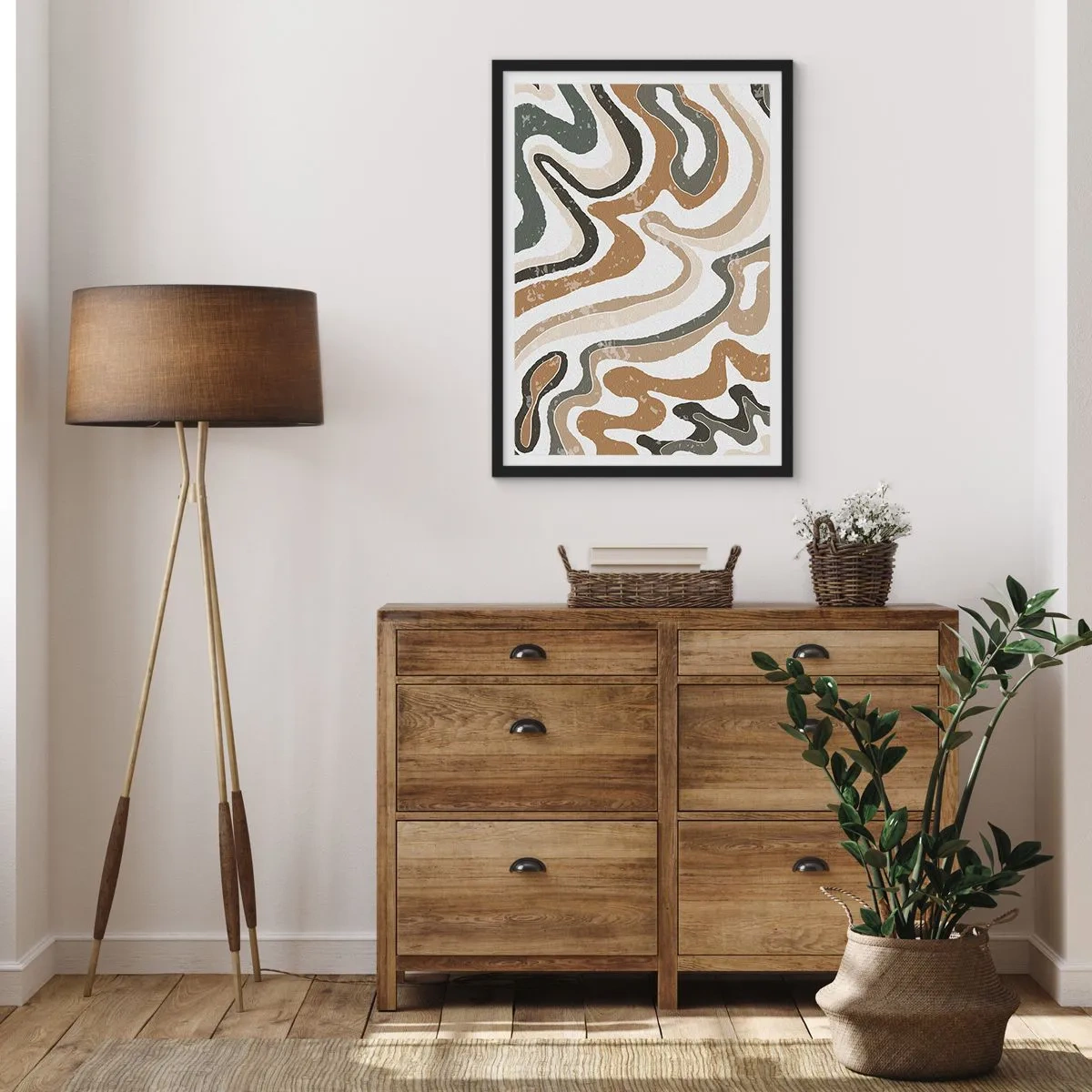 Poster in een zwarte lijst - Abstracte organische patronen in aardse tinten - 50x70cm - Meanders van aardekleuren - Moderne wanddecoratie voor woonkamer en slaapkamer ARTTOR