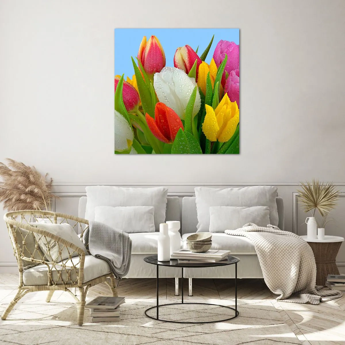 Schilderen op glas - Een bloemenregenboog in dauwdruppels - 70x70 cm