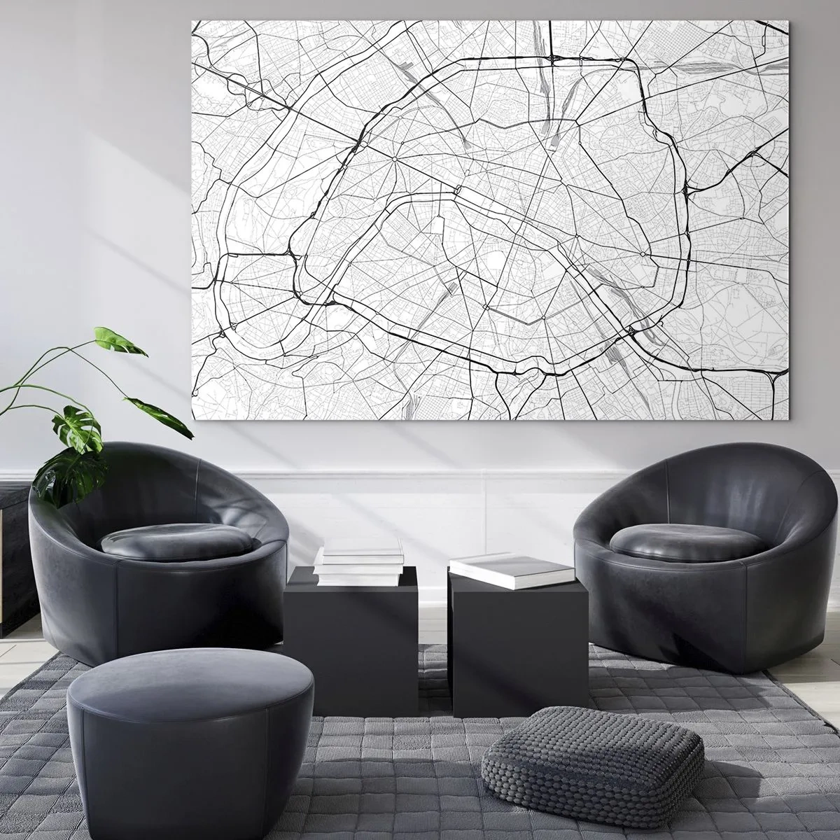 Schilderen op glas - Zwart-wit stadskaart met stratenpatroon en cirkelvormige slagaders - 70x50cm - Parijs bloem - Moderne wanddecoratie voor woonkamer en slaapkamer ARTTOR